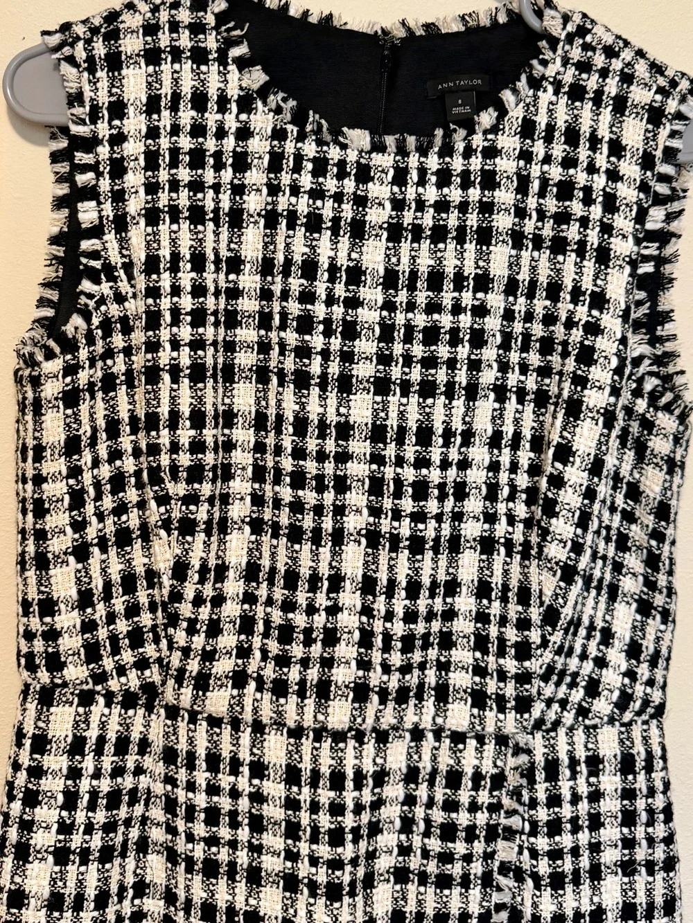 Ann Taylor Black & White Tweed Sheath Dress Fringe Trim Size 8